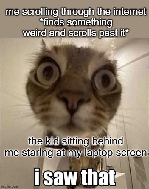 i saw that cat | me scrolling through the internet
*finds something weird and scrolls past it*; the kid sitting behind me staring at my laptop screen | image tagged in i saw that cat | made w/ Imgflip meme maker