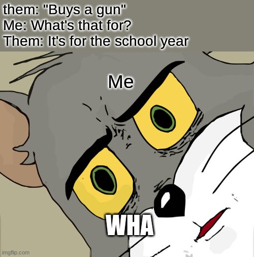 Unsettled Tom | them: "Buys a gun"
Me: What's that for?
Them: It's for the school year; Me; WHA | image tagged in memes,unsettled tom | made w/ Imgflip meme maker