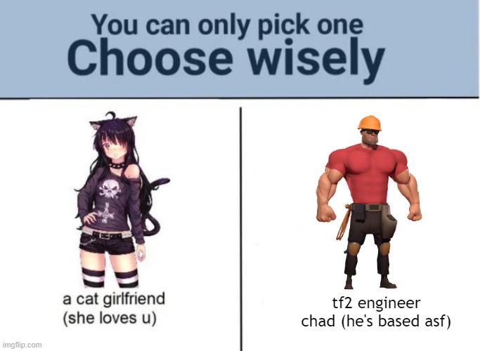 Choose wisely | tf2 engineer chad (he's based asf) | image tagged in choose wisely | made w/ Imgflip meme maker