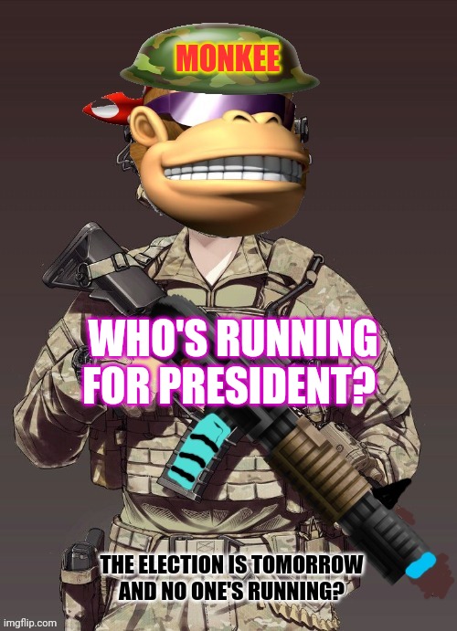 SurlyKong | MONKEE; WHO'S RUNNING FOR PRESIDENT? THE ELECTION IS TOMORROW AND NO ONE'S RUNNING? | image tagged in surlykong | made w/ Imgflip meme maker