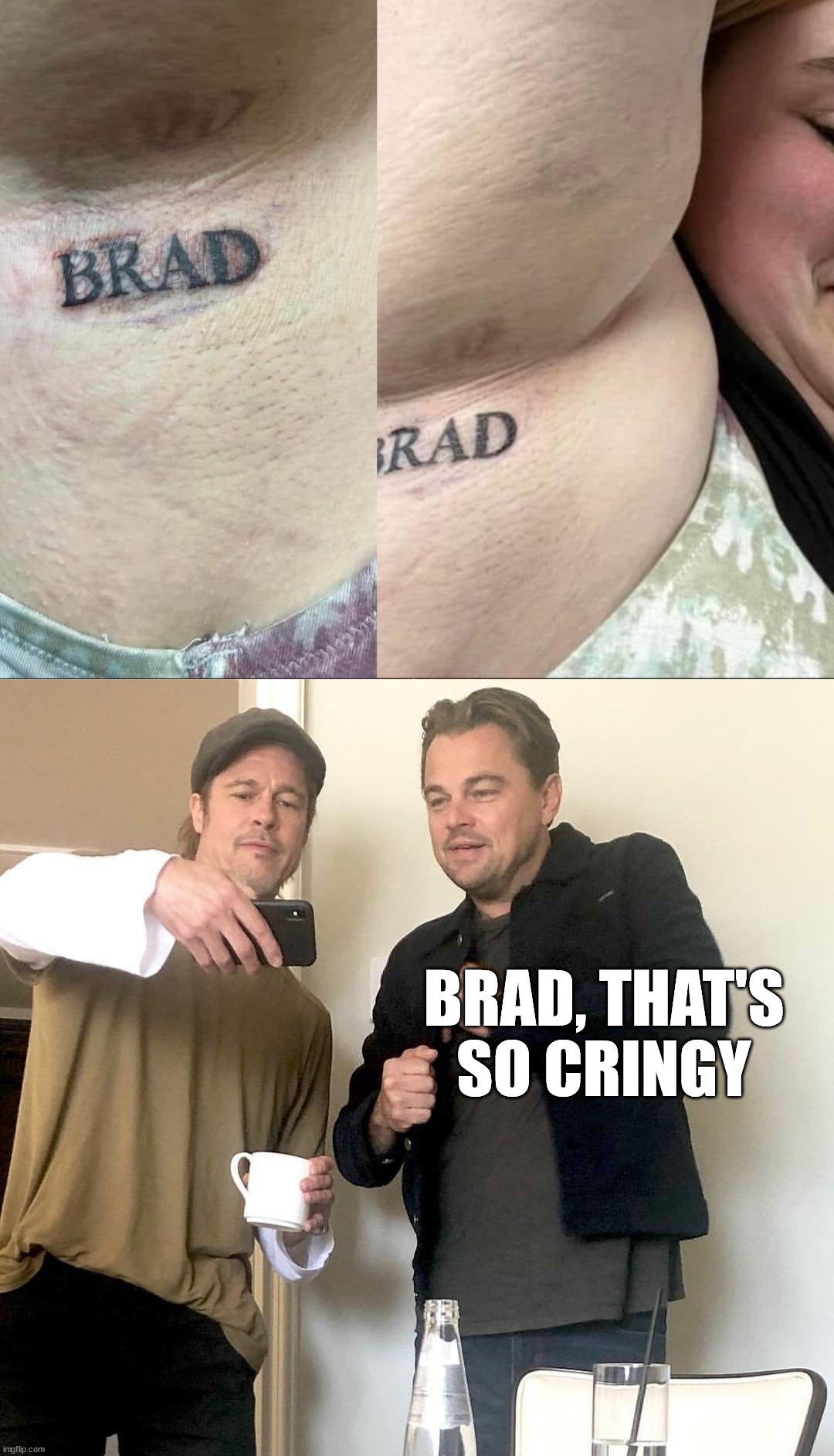 BRAD, THAT'S SO CRINGY | image tagged in brad pitt showing leo dicaprio phone | made w/ Imgflip meme maker
