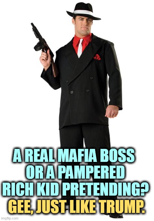 A REAL MAFIA BOSS 
OR A PAMPERED RICH KID PRETENDING? GEE, JUST LIKE TRUMP. | image tagged in trump,pretend,mafia don | made w/ Imgflip meme maker