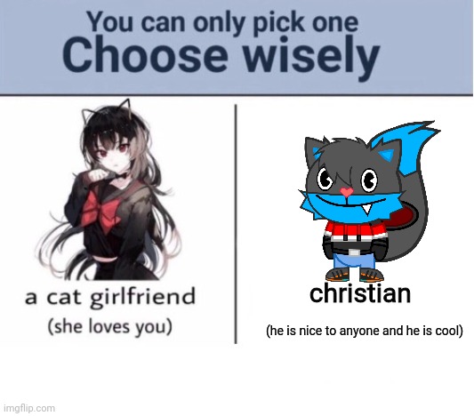 Choose wisely | christian; (he is nice to anyone and he is cool) | image tagged in choose wisely | made w/ Imgflip meme maker