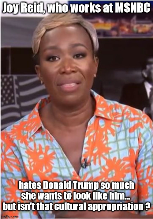 Joy Reid hates Donald Trump. | Joy Reid, who works at MSNBC; hates Donald Trump so much she wants to look like him...  but isn't that cultural appropriation ? | image tagged in funny | made w/ Imgflip meme maker