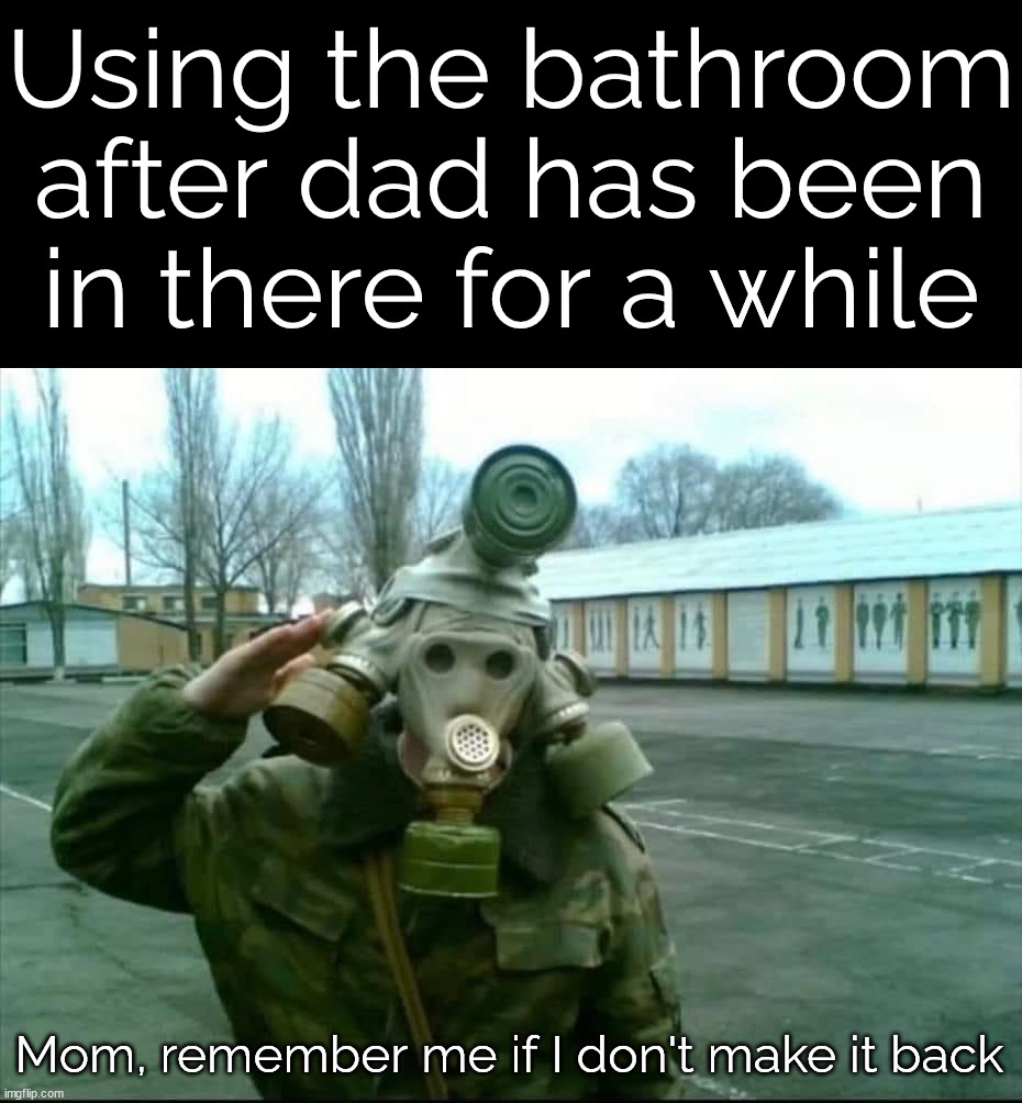 It can get really bad. | Using the bathroom after dad has been in there for a while; Mom, remember me if I don't make it back | image tagged in bathroom humor,gas,gas mask,don't go in there | made w/ Imgflip meme maker