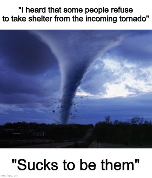 I accidently made this one up a few days ago lol | "I heard that some people refuse to take shelter from the incoming tornado"; "Sucks to be them" | image tagged in tornado | made w/ Imgflip meme maker