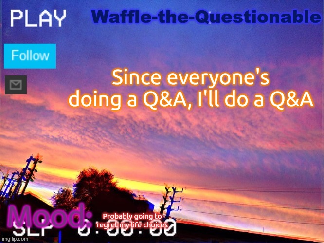 Q&A | Since everyone's doing a Q&A, I'll do a Q&A; Probably going to regret my life choices | image tagged in waffle-the-questionable | made w/ Imgflip meme maker