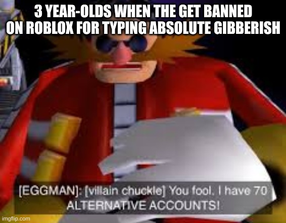 Eggman Alternative Accounts | 3 YEAR-OLDS WHEN THE GET BANNED ON ROBLOX FOR TYPING ABSOLUTE GIBBERISH | image tagged in eggman alternative accounts | made w/ Imgflip meme maker