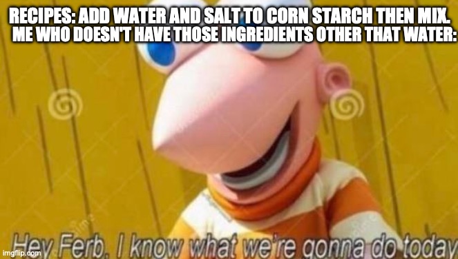 Hey Ferb | RECIPES: ADD WATER AND SALT TO CORN STARCH THEN MIX. ME WHO DOESN'T HAVE THOSE INGREDIENTS OTHER THAT WATER: | image tagged in hey ferb | made w/ Imgflip meme maker