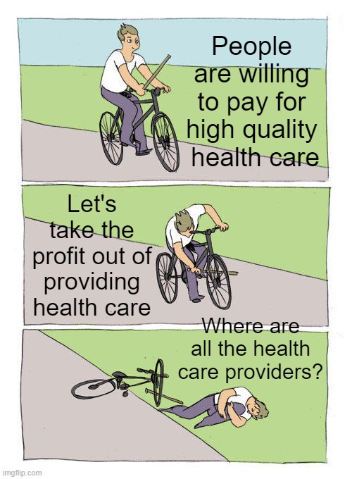 Profitable Health Care Is Good! | People are willing to pay for high quality
 health care; Let's take the profit out of providing health care; Where are all the health care providers? | image tagged in healthcare,health,health insurance,insurance,health care,democratic socialism | made w/ Imgflip meme maker