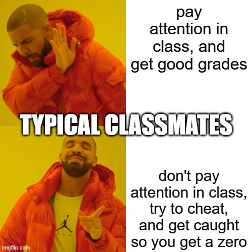 why so true though | pay attention in class, and get good grades; TYPICAL CLASSMATES; don't pay attention in class, try to cheat, and get caught so you get a zero | image tagged in memes,drake hotline bling | made w/ Imgflip meme maker