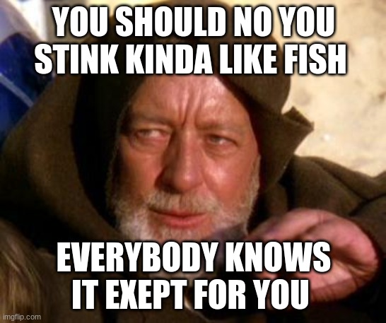 Obi Wan Kenobi Jedi Mind Trick | YOU SHOULD NO YOU STINK KINDA LIKE FISH; EVERYBODY KNOWS IT EXEPT FOR YOU | image tagged in obi wan kenobi jedi mind trick | made w/ Imgflip meme maker