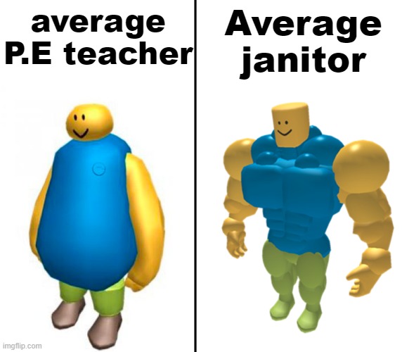 who else had it like this | average P.E teacher; Average janitor | image tagged in fat vs buff roblox noob | made w/ Imgflip meme maker