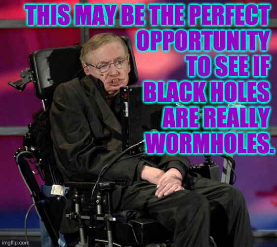 Stephen Hawking | THIS MAY BE THE PERFECT 
OPPORTUNITY 
TO SEE IF 
BLACK HOLES 
ARE REALLY 
WORMHOLES. | image tagged in stephen hawking | made w/ Imgflip meme maker