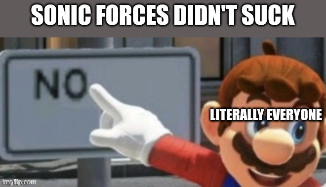Don't cancel me plz | SONIC FORCES DIDN'T SUCK; LITERALLY EVERYONE | image tagged in mario no sign | made w/ Imgflip meme maker