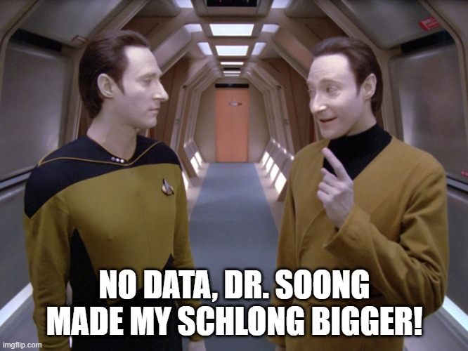 Lore Hung | NO DATA, DR. SOONG MADE MY SCHLONG BIGGER! | image tagged in star trek - data and lore | made w/ Imgflip meme maker