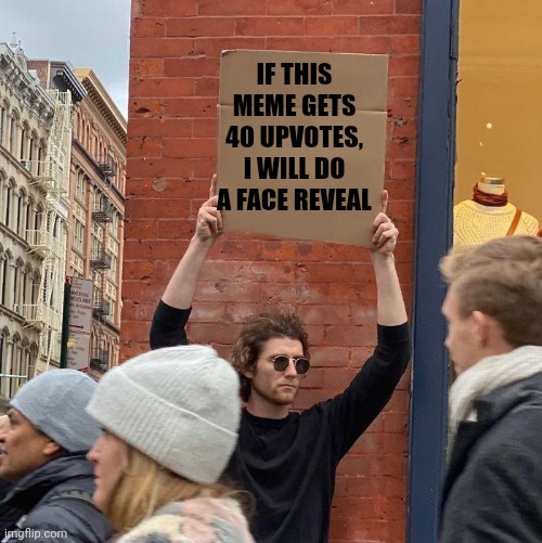 I will actually do it | IF THIS MEME GETS 40 UPVOTES, I WILL DO A FACE REVEAL | image tagged in guy holding cardboard sign | made w/ Imgflip meme maker