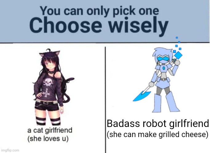 Why did I make this | Badass robot girlfriend; (she can make grilled cheese) | image tagged in choose wisely | made w/ Imgflip meme maker