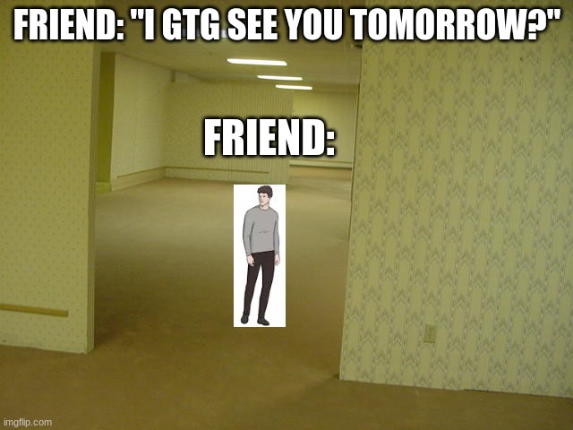 The Backrooms | FRIEND: "I GTG SEE YOU TOMORROW?"; FRIEND: | image tagged in the backrooms | made w/ Imgflip meme maker