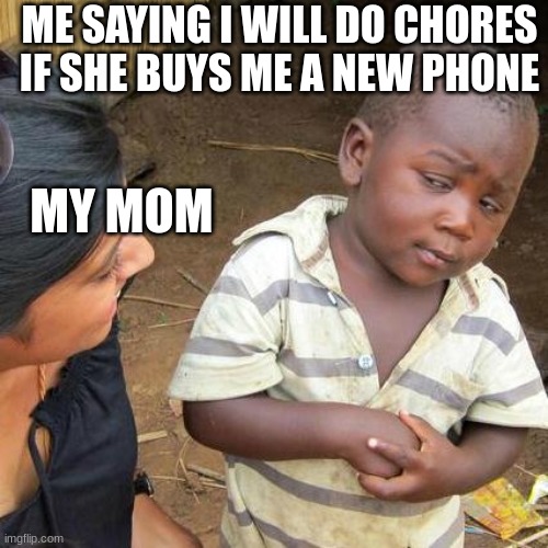 me | ME SAYING I WILL DO CHORES IF SHE BUYS ME A NEW PHONE; MY MOM | image tagged in memes,third world skeptical kid | made w/ Imgflip meme maker