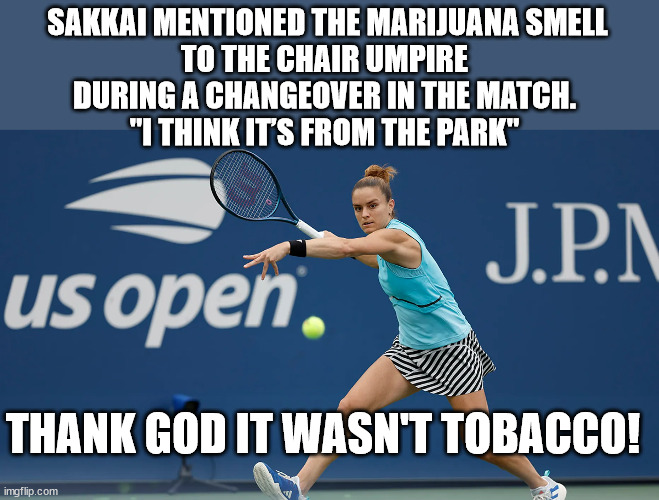 SAKKAI MENTIONED THE MARIJUANA SMELL
TO THE CHAIR UMPIRE 
DURING A CHANGEOVER IN THE MATCH. 

"I THINK IT’S FROM THE PARK"; THANK GOD IT WASN'T TOBACCO! | made w/ Imgflip meme maker