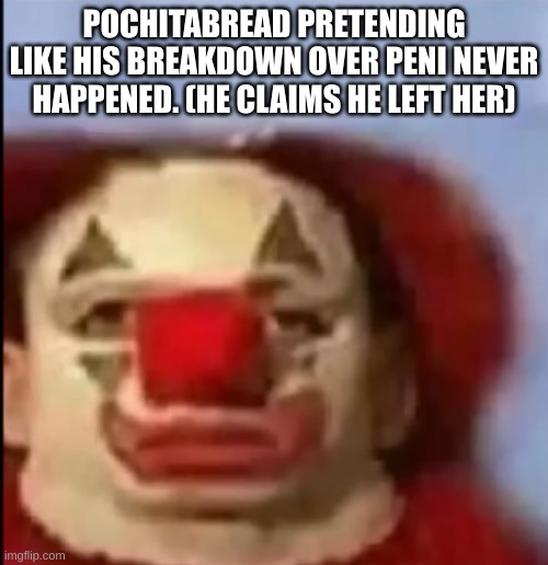 clown face. | POCHITABREAD PRETENDING LIKE HIS BREAKDOWN OVER PENI NEVER HAPPENED. (HE CLAIMS HE LEFT HER) | image tagged in clown face | made w/ Imgflip meme maker