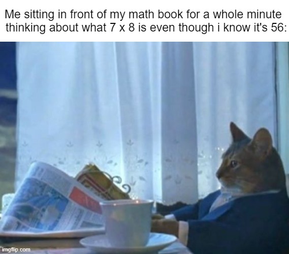 Me sitting in front of my math book for a whole minute 
 thinking about what 7 x 8 is even though i know it's 56: | image tagged in memes,i should buy a boat cat,math | made w/ Imgflip meme maker