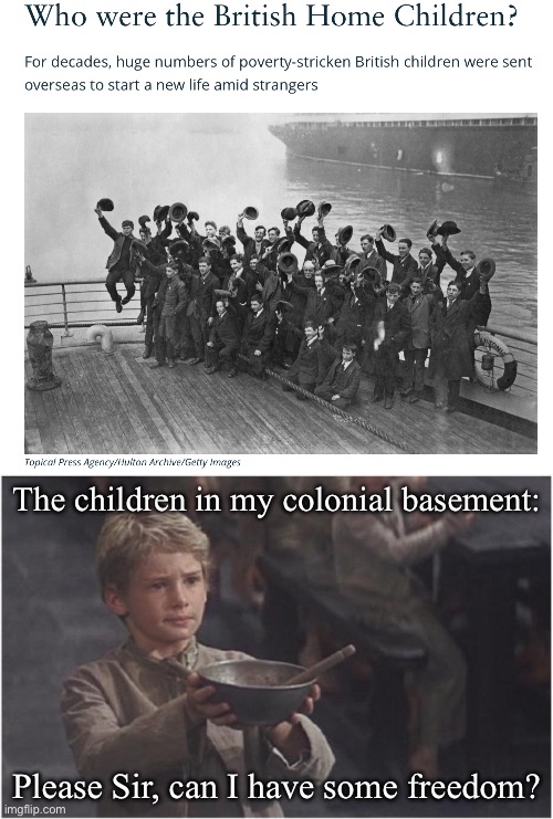 Child slaves | The children in my colonial basement:; Please Sir, can I have some freedom? | image tagged in oliver twist please sir,children,slaves,basement | made w/ Imgflip meme maker
