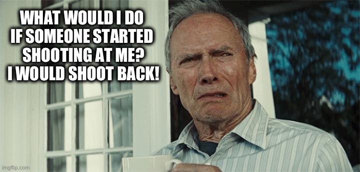 Clint Eastwood WTF | WHAT WOULD I DO 
IF SOMEONE STARTED 

SHOOTING AT ME?
I WOULD SHOOT BACK! | image tagged in clint eastwood wtf | made w/ Imgflip meme maker