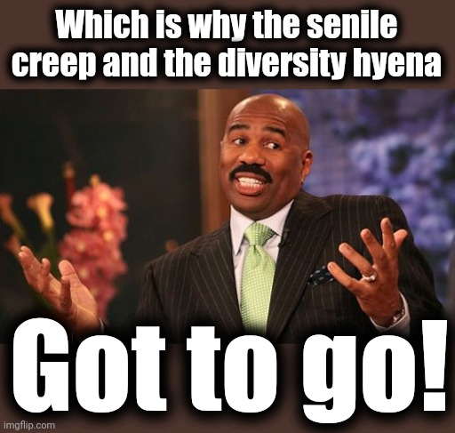 Which is why the senile creep and the diversity hyena Got to go! | image tagged in memes,steve harvey | made w/ Imgflip meme maker