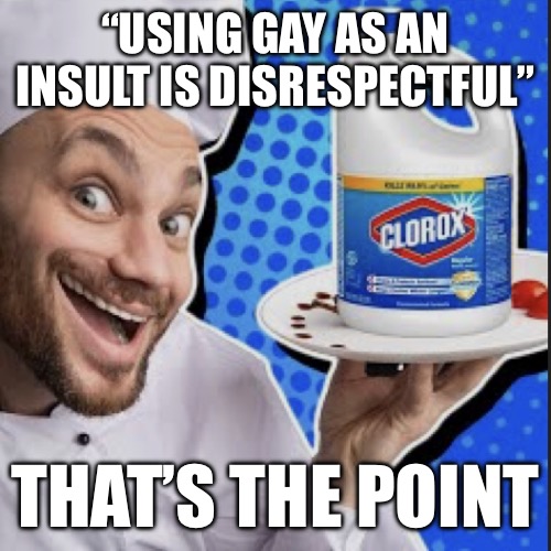 Chef serving clorox | “USING GAY AS AN INSULT IS DISRESPECTFUL”; THAT’S THE POINT | image tagged in chef serving clorox | made w/ Imgflip meme maker