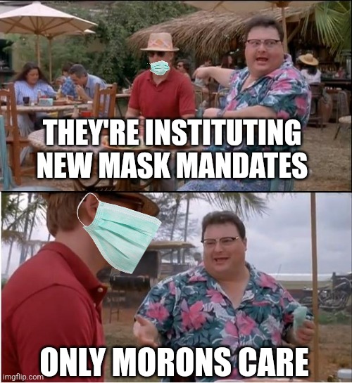 If you support the mandates, you're a moron. | THEY'RE INSTITUTING NEW MASK MANDATES; ONLY MORONS CARE | image tagged in memes,see nobody cares | made w/ Imgflip meme maker