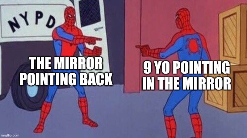 spiderman pointing at spiderman | THE MIRROR POINTING BACK; 9 YO POINTING IN THE MIRROR | image tagged in spiderman pointing at spiderman | made w/ Imgflip meme maker