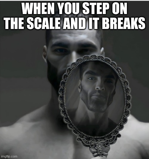 muscle mass | WHEN YOU STEP ON THE SCALE AND IT BREAKS | image tagged in gigachad mirror | made w/ Imgflip meme maker