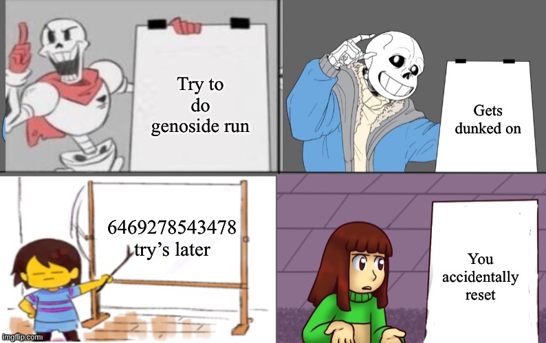 Ultimate undertale plan | Try to do genoside run; Gets dunked on; 6469278543478 try’s later; You accidentally reset | image tagged in ultimate undertale plan | made w/ Imgflip meme maker