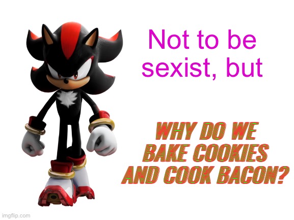 Real | Not to be sexist, but; WHY DO WE BAKE COOKIES AND COOK BACON? | image tagged in blank white template | made w/ Imgflip meme maker