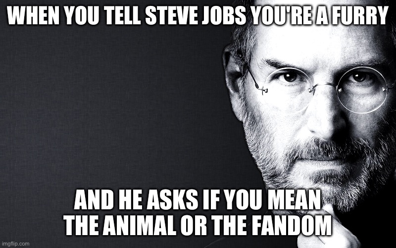 Steve Jobs | WHEN YOU TELL STEVE JOBS YOU'RE A FURRY; AND HE ASKS IF YOU MEAN THE ANIMAL OR THE FANDOM | image tagged in steve jobs | made w/ Imgflip meme maker