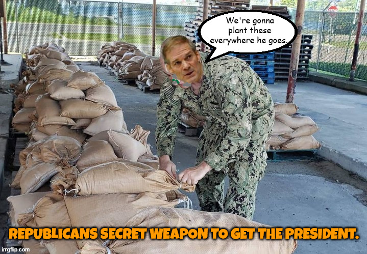 Trumpers secret weapon | We're gonna plant these everywhere he goes.. REPUBLICANS SECRET WEAPON TO GET THE PRESIDENT. | image tagged in gym jordan,president joe r biden,maga,take him down,sandbags,number 46 | made w/ Imgflip meme maker