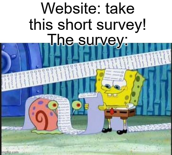 survey | Website: take this short survey! The survey: | image tagged in memes,blank transparent square,really long list | made w/ Imgflip meme maker