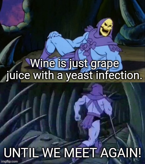 Skeletor running away | Wine is just grape juice with a yeast infection. UNTIL WE MEET AGAIN! | image tagged in skeletor disturbing facts | made w/ Imgflip meme maker