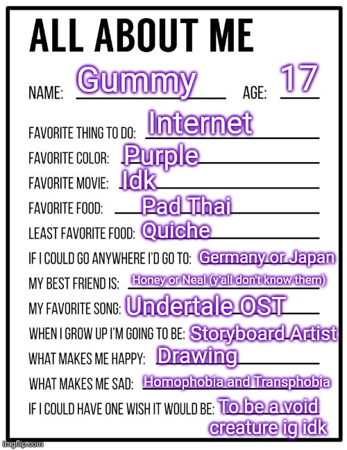 Boo | 17; Gummy; Internet; Purple; Idk; Pad Thai; Quiche; Germany or Japan; Honey or Neal (y'all don't know them); Undertale OST; Storyboard Artist; Drawing; Homophobia and Transphobia; To be a void creature ig idk | image tagged in all about me card | made w/ Imgflip meme maker