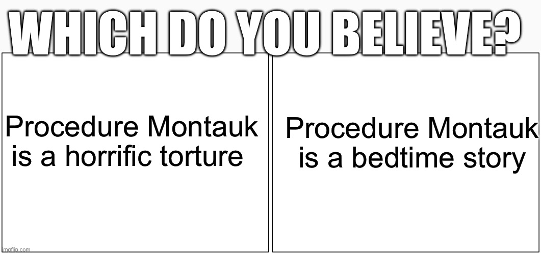 I believe the one on the right more, but that’s just me | WHICH DO YOU BELIEVE? Procedure Montauk is a horrific torture; Procedure Montauk is a bedtime story | image tagged in memes,blank comic panel 2x1,scp meme,scp | made w/ Imgflip meme maker