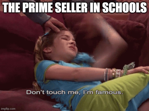 i swear everyone goes crazy for prime | THE PRIME SELLER IN SCHOOLS | image tagged in don't touch me i'm famous | made w/ Imgflip meme maker