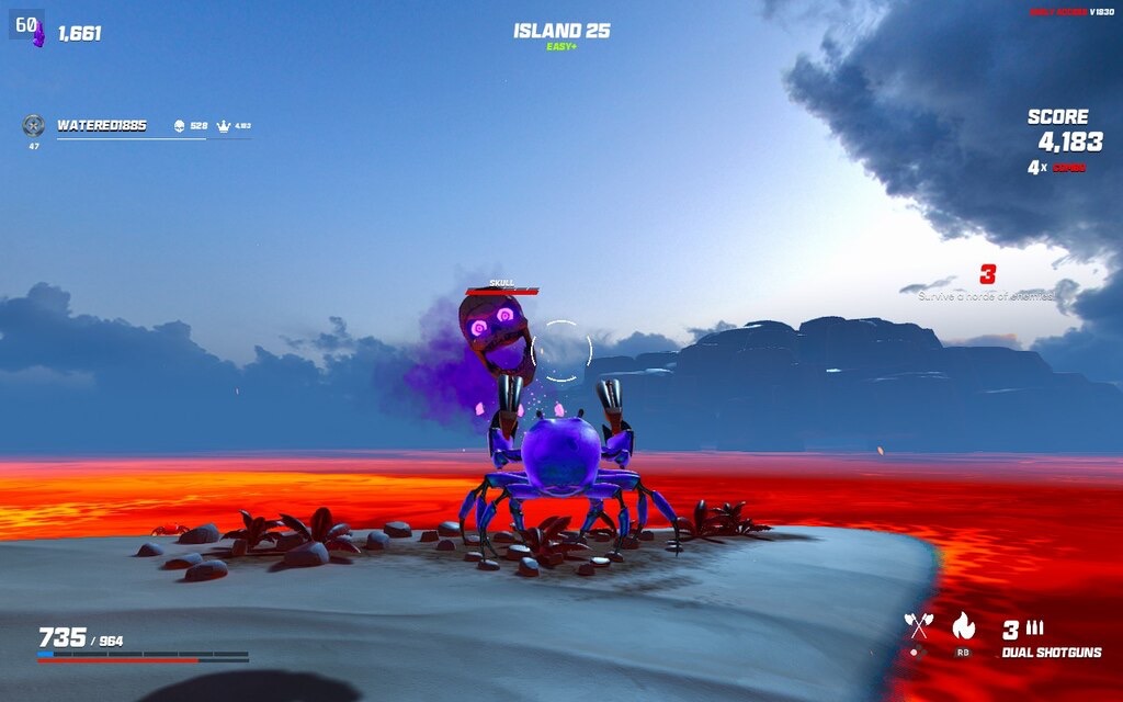 In what other game can you play as a crab with double shotguns fighting a giant flying skull on a lava island? | made w/ Imgflip meme maker