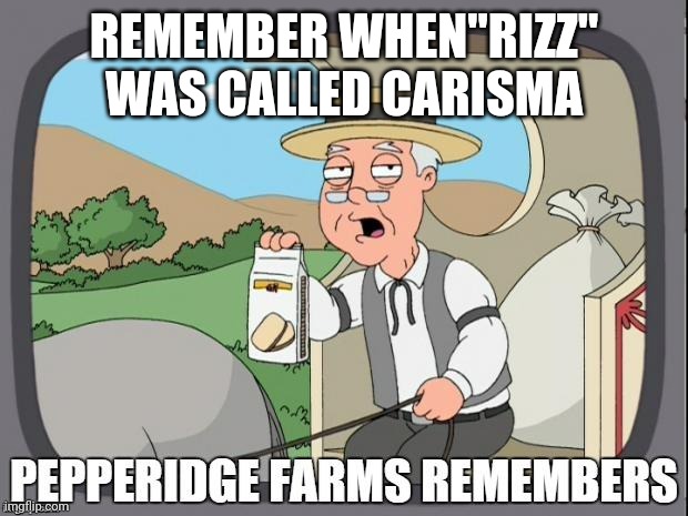 PEPPERIDGE FARMS REMEMBERS | REMEMBER WHEN"RIZZ" WAS CALLED CARISMA | image tagged in pepperidge farms remembers | made w/ Imgflip meme maker