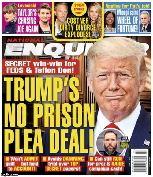 National Enquirer 4/10/23 | image tagged in national enquirer real cover,trump's no prison plea deal,q,maga,bone spurs,coward | made w/ Imgflip meme maker