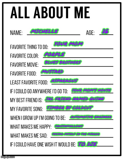 yay | 16; MICHELLE; YOUR MOM; PORPLE; BLUES BROTHERS; MUSTARD; ASPARAGUS; YOUR MOM’S HOUSE; IRL FRIEND NAMED QUINN; TIMBER BY COLDCUT; AUTOMOTIVE ENGINEER; SQUISHMALLOWS; SEEING MYSELF IN THE MIRROR; TO DIE | image tagged in all about me card,e | made w/ Imgflip meme maker