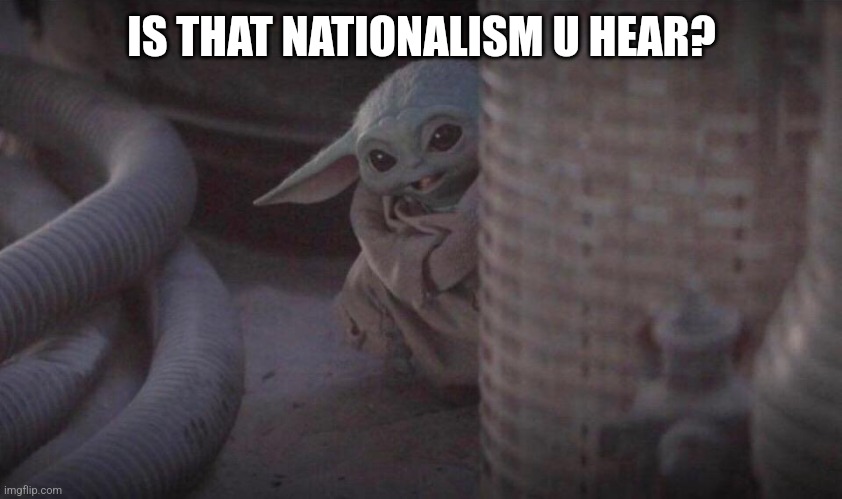 Baby Yoda Peaking and Smiling | IS THAT NATIONALISM I HEAR? | image tagged in baby yoda peaking and smiling | made w/ Imgflip meme maker