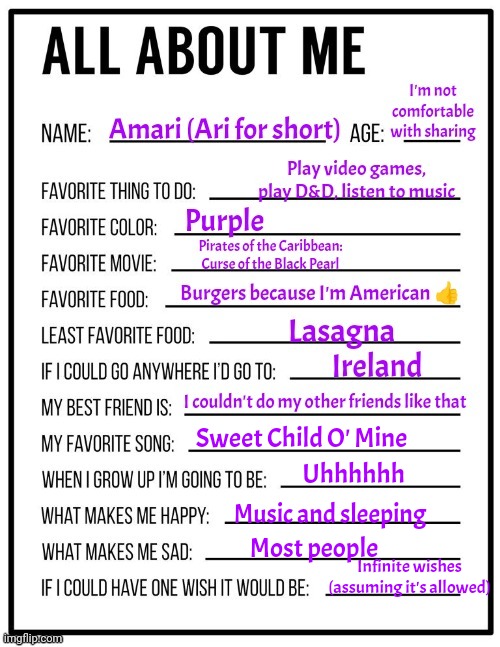 I did this thing | Sweet Child O' Mine; Uhhhhhh; Music and sleeping; Most people; Infinite wishes (assuming it's allowed) | made w/ Imgflip meme maker