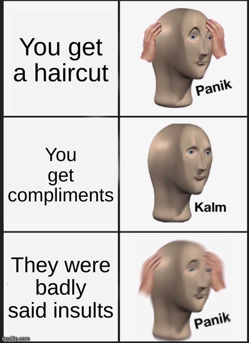 Panik Kalm Panik | You get a haircut; You get compliments; They were badly said insults | image tagged in memes,panik kalm panik | made w/ Imgflip meme maker